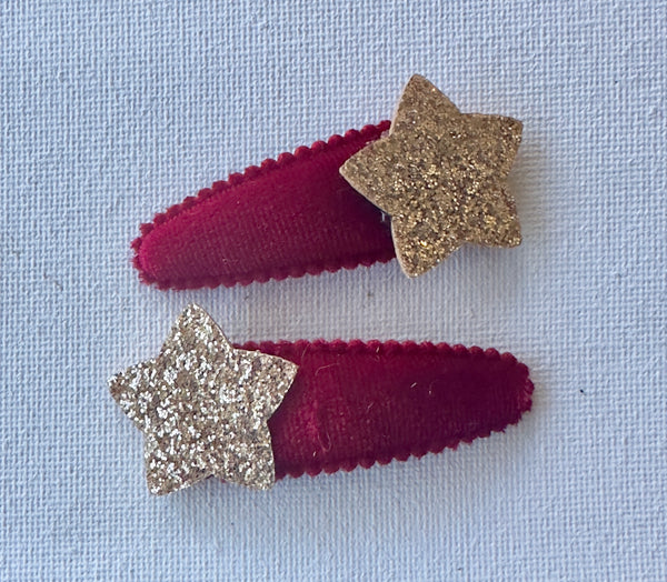 Christmas Gold Glitter Star Snap Clip Pair Red