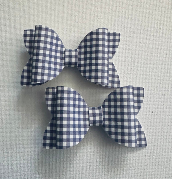 Pigtail Pair Gingham Check Blue Faux Leather School Bow Hair Clip School Hair Accessories