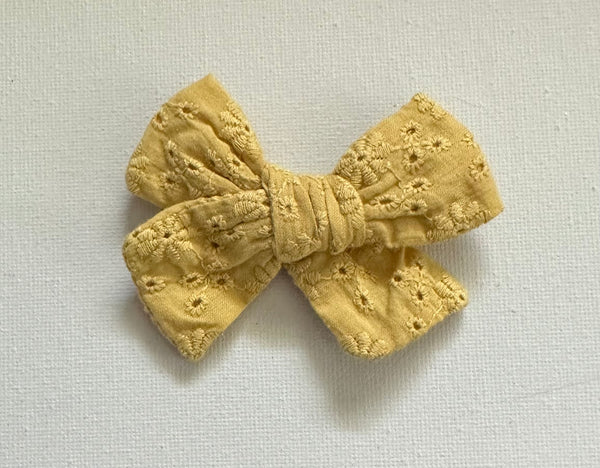 Mustard embroidered Fabric Bow Hair Clip