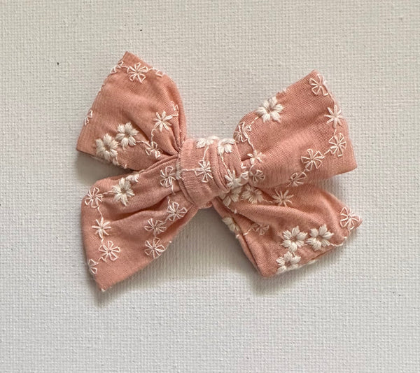 Peach embroidered Fabric Bow Hair Clip