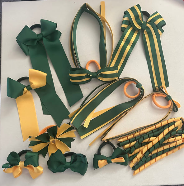 Yellow Gold and Forest Green School Uniform, Team Hair Accessories- Large Ponytail Hair Ties Pack