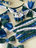 Royal blue, hunter green and white School Hair Accessories Pack