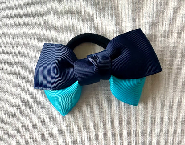 Turquoise and navy double bow hair tie