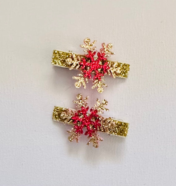 Pair Gold and Red Snowflake Glitter Bow Hair Clips