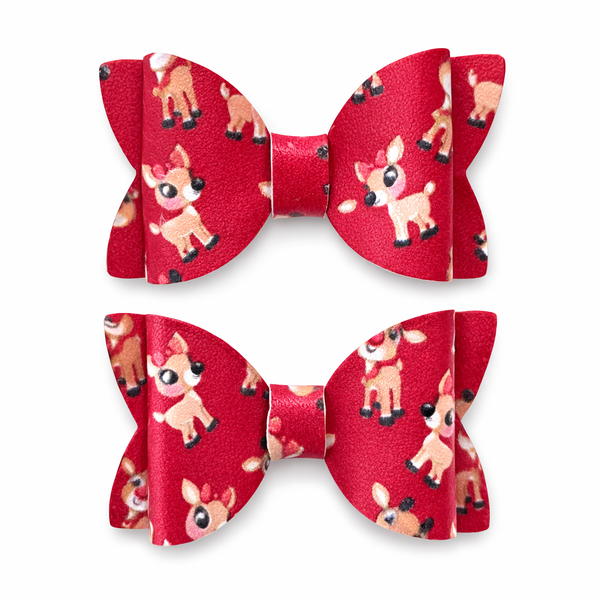 Rudolf Christmas Red Pigtail Pair Bows