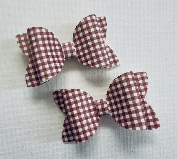 Pigtail Pair Gingham Check Maroon Faux Leather School Bow Hair Clip School Hair Accessories