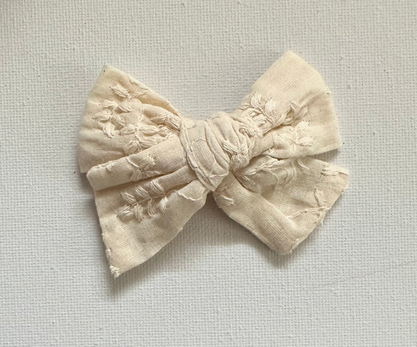 Ivory embroidered Fabric Bow Hair Clip