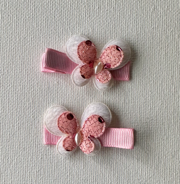 Pair Pink Sequin Spot Butterfly Clips