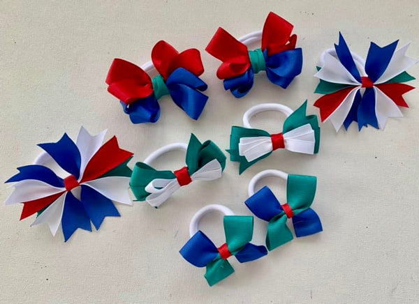 Royal blue, jade, white and red School Hair Accessories Pack