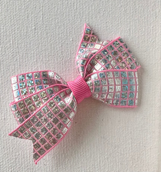 Silver and Pink Squares Hair Bow Clip