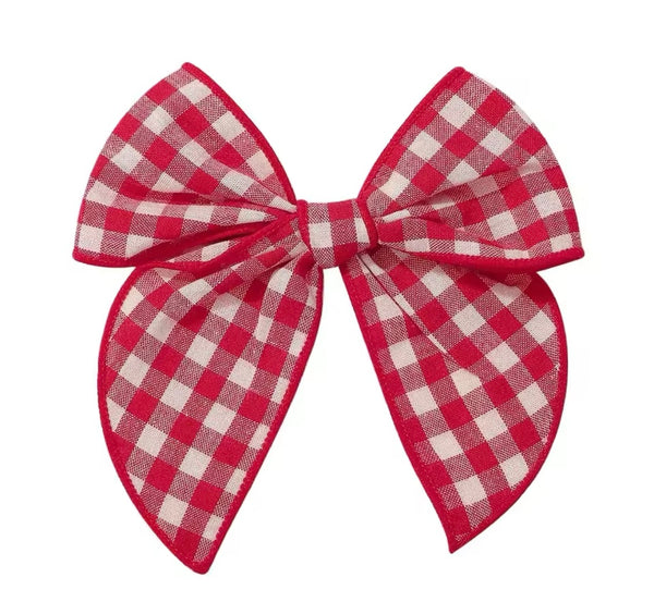 Red and White Check Fable Bow Christmas Hair Clip