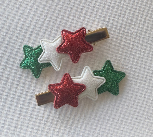 Christmas Red, Green and White Glitter Star Clip Pair