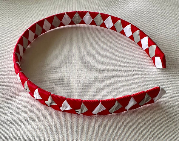 1.5cm wide woven headband red, white and silver