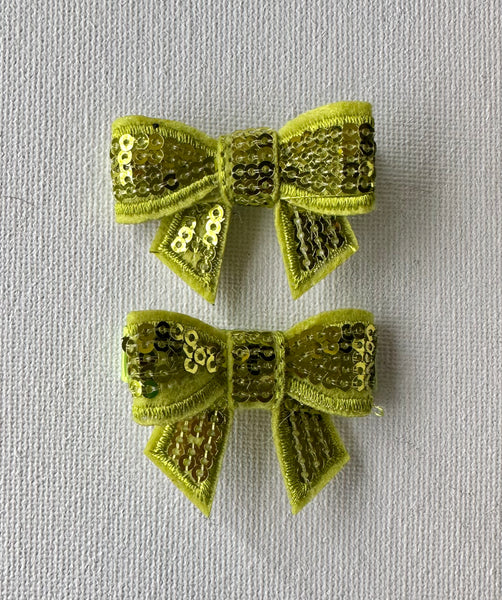 Pair Small Light Green Sequin Bow Clips