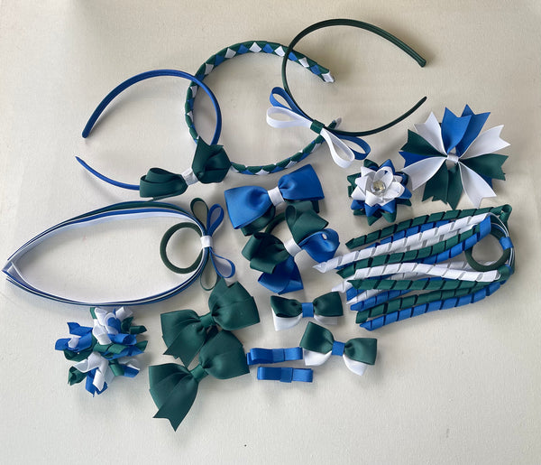 Royal blue, hunter green and white School Hair Accessories Pack