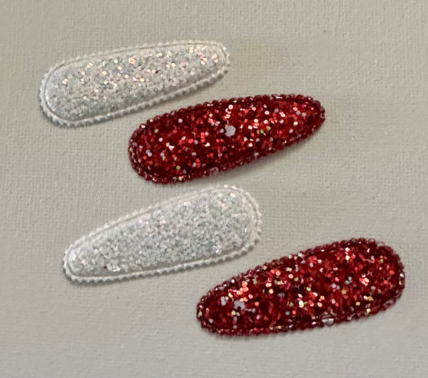 Set of 4 Glitter Snap Clips White and Red