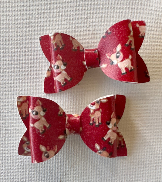 Rudolf Christmas Red Pigtail Pair Bows