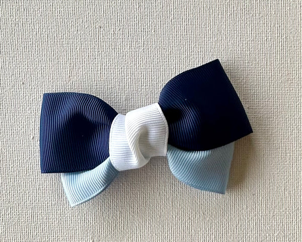 Navy, bluebird and white double bow hair clip