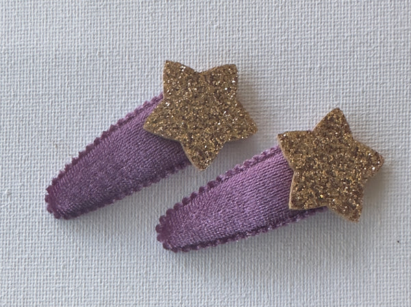 Christmas Gold Glitter Star Snap Clip Pair Purple