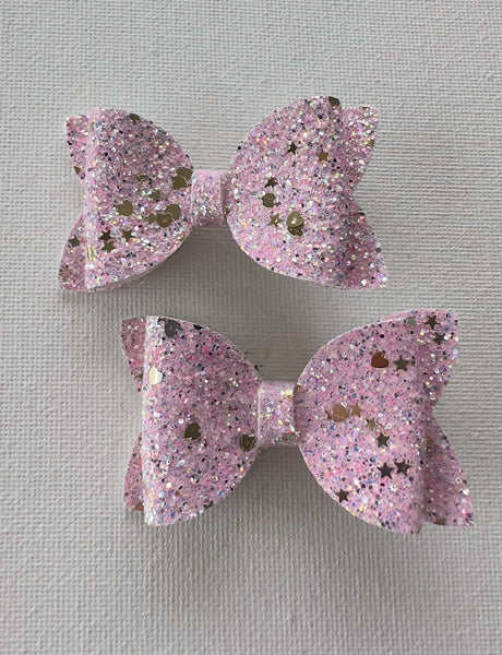 Pink Gold Glitter Hearts Pigtail Bow Pair