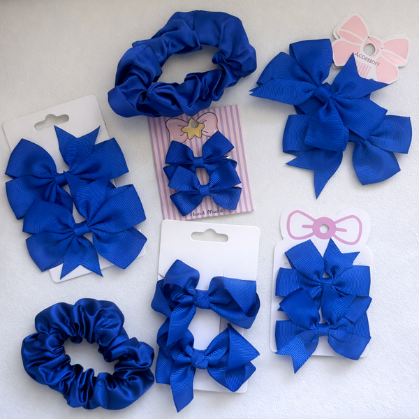 School Hair Accessories Electric Blue Pack Bows, Clips, Hair Ties, Scrunchie