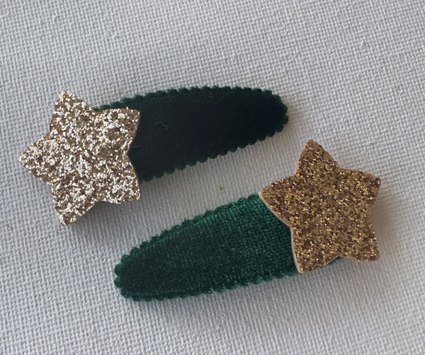 Christmas Gold Glitter Star Snap Clip Pair Green