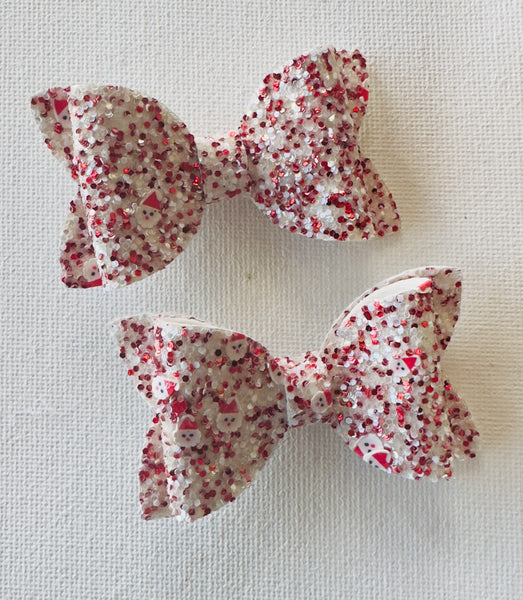 Santa Christmas Glitter Confetti Red Pigtail Pair Bows