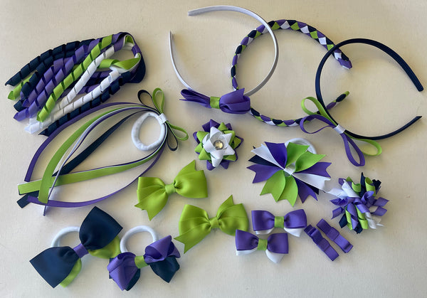 Delphinium purple, apple green, navy and white School Hair Accessories Pack