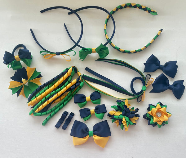 Emerald green, navy and yellow gold School Hair Accessories Pack