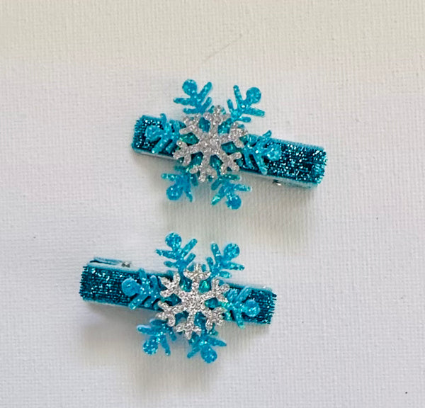 Pair Blue Snowflake Glitter Bow Hair Clips