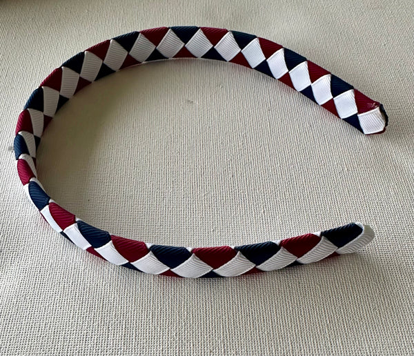 1.5cm wide woven headband maroon, navy and white