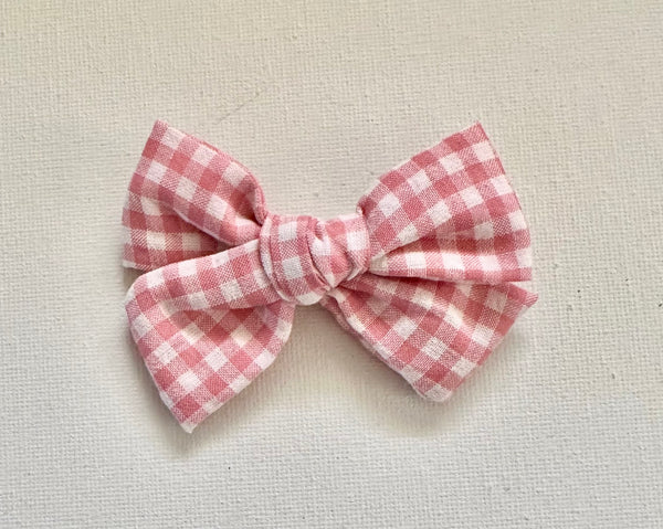 Pink and White Check Fabric Bow Hair Clip