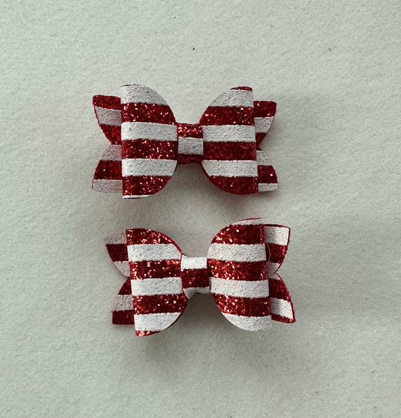 Pigtail pair Red and White Stripe Mini Bows