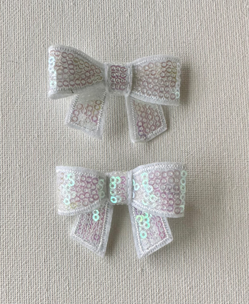 Pair White Sequin Bow Clips