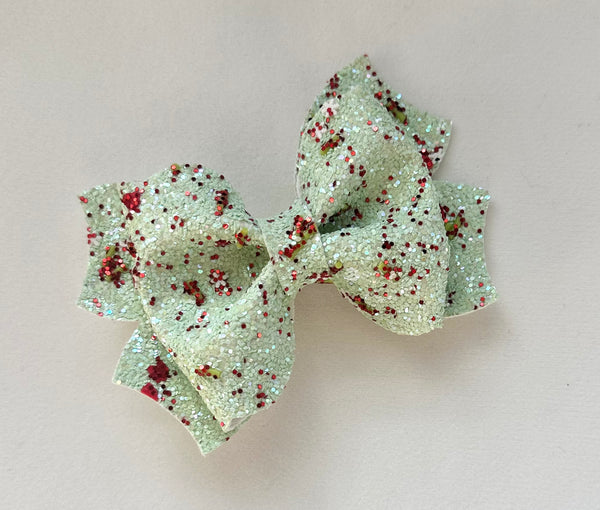 Large Christmas Green and Red Glitter Bow