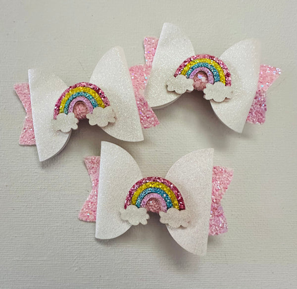 Pink and White Rainbow Glitter Bow Hair Clip