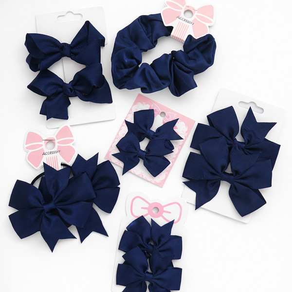 School Hair Accessories Navy Pack Bows, Clips, Hair Ties, Scrunchie