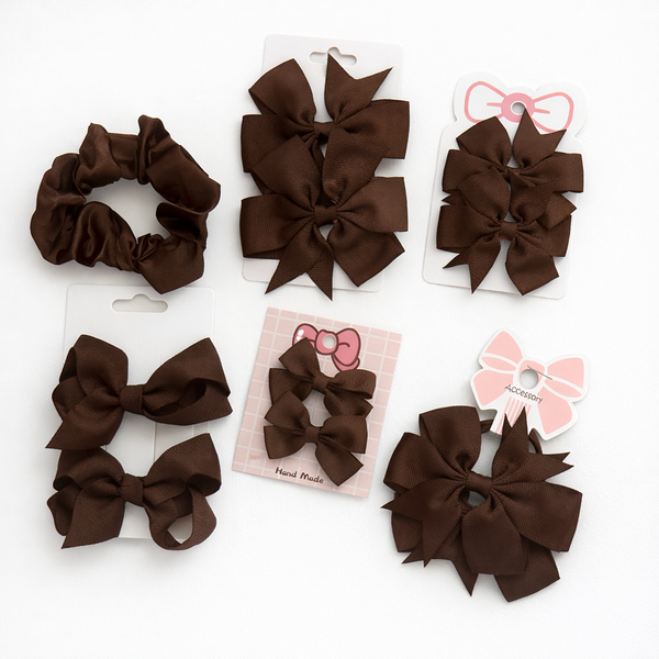 School Hair Accessories Brown Pack Bows, Clips, Hair Ties, Scrunchie