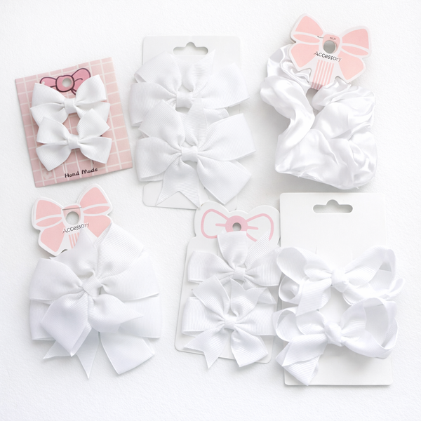 School Hair Accessories White Pack Bows, Clips, Hair Ties, Scrunchie