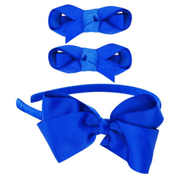 School Hair Accessories Electric Blue Bow Headband and Pair Bow Clips