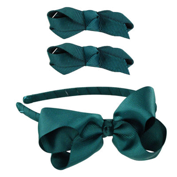 School Hair Accessories Dark Green Hunter Bow Headband and Pair Bow Clips