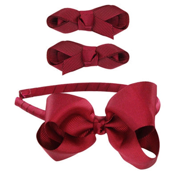 School Hair Accessories Maroon Bow Headband and Pair Bow Clips