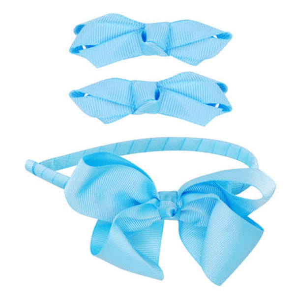 School Hair Accessories light Blue Bow Headband and Pair Bow Clips