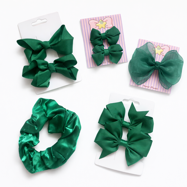 School Hair Accessories Bottle Green  Pack Bows, Clips, Hair Scrunchie