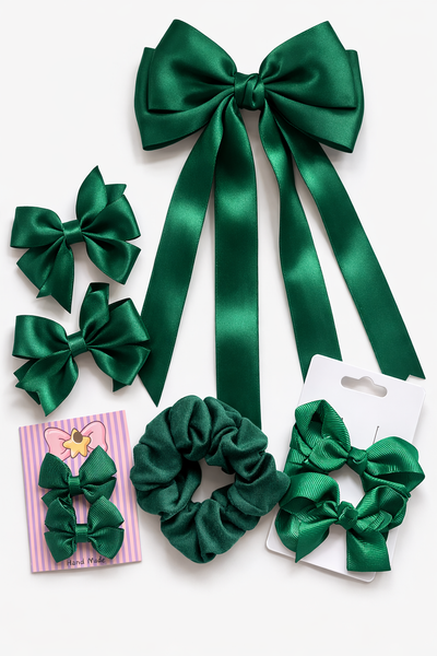 School Hair Accessories Bottle Green  Pack Bows, Clips, Scrunchie
