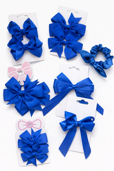 School Hair Accessories Royal Blue Pack Bows, Clips, Scrunchie, Hair Ties