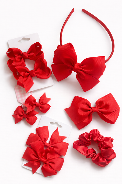 School Hair Accessories Red Pack Bows, Clips, Headband, Scrunchie