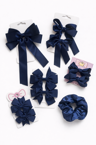 School Hair Accessories Navy Blue Pack Bows, Clips, Scrunchie