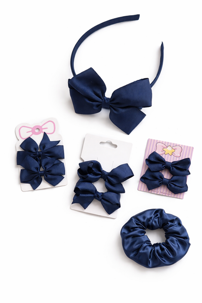 School Hair Accessories Navy Blue Pack Bows, Clips, Headband, Scrunchie
