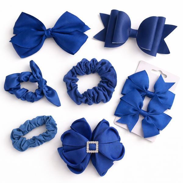 School Hair Accessories Royal Blue Pack Bows, Clips, Scrunchies
